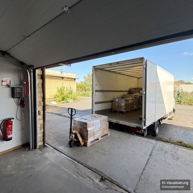 Depot für Paketdienste: KI-Visualisierung auf Basis eines Fotos, Nutzungsbeispiel.