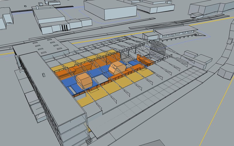 Boulderhalle: Visualisierung aus dem 3D-Modell, Konzept.