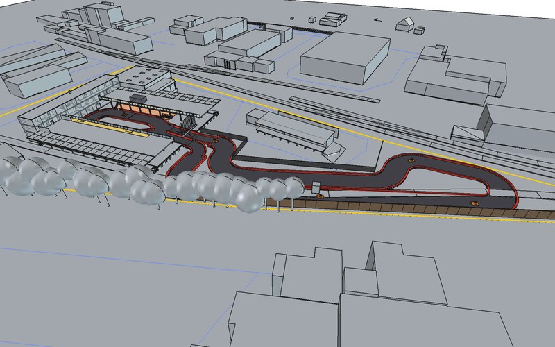 E-Kartbahn innen und außen: Visualisierung aus dem 3D-Modell, Konzept.