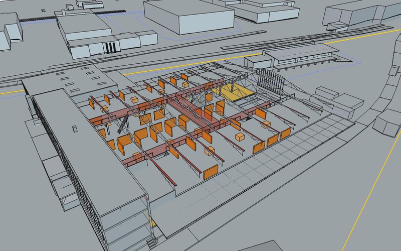 Lasertag-Arena auf zwei Ebenen: Visualisierung aus dem 3D-Modell, Konzept.