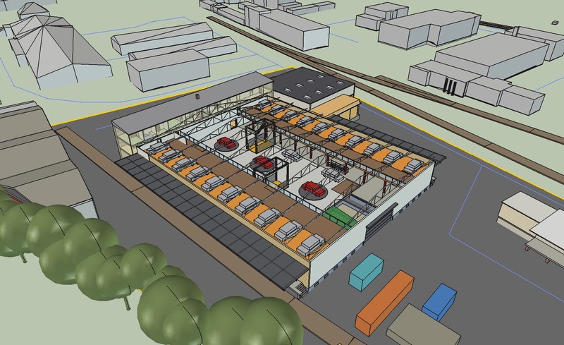 Auto-Showroom mit Emporen: Visualisierung aus dem 3D-Modell, Konzept.