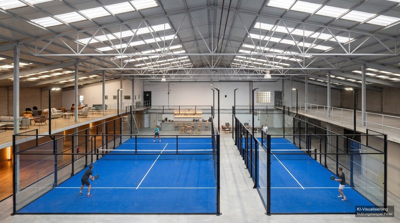 Padel in Halle und Hof: KI-Visualisierung, Konzept.