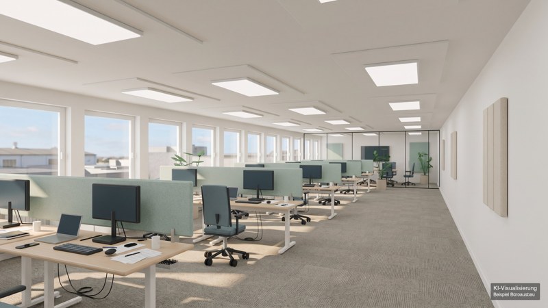 Halle und Büro zusammen: KI-Visualisierung, Nutzungsbeispiel.