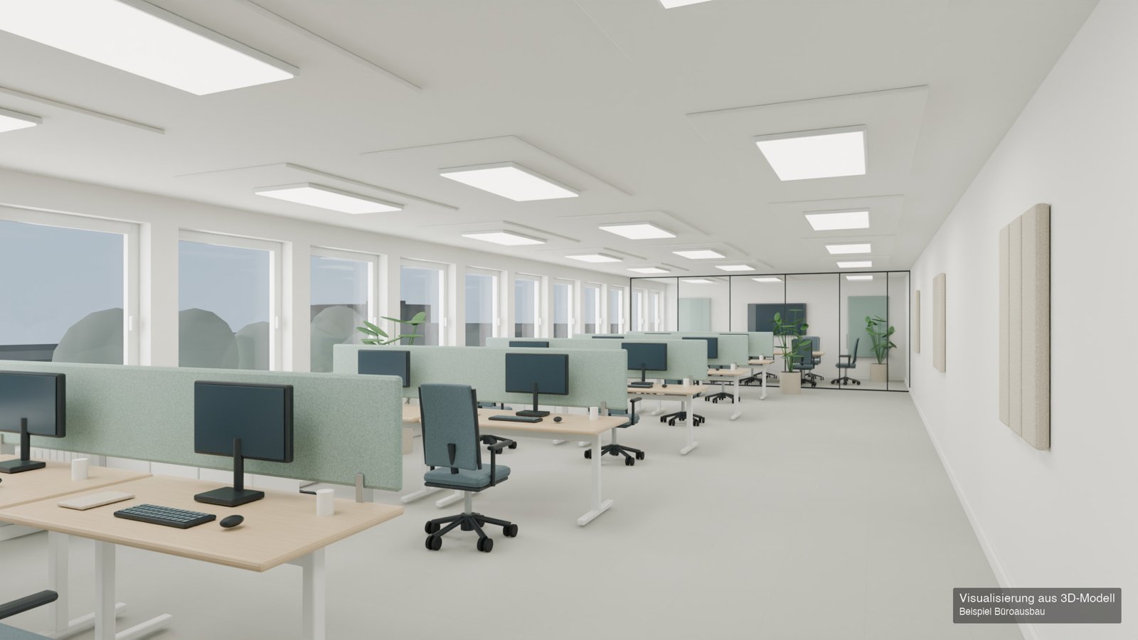 Visualisierung: Büroetage im Bürogebäude mit Arbeitsplätzen und Besprechungsraum